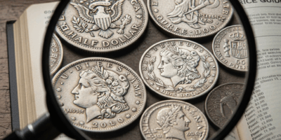 rare coins under magnifying glass with price guide