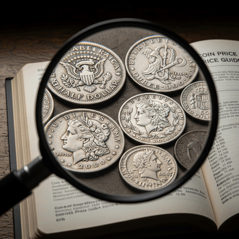 rare coins under magnifying glass with price guide